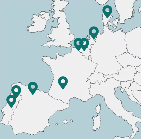 Carte avec les territoires pour NBRACER (projet européen sur 6 pays)