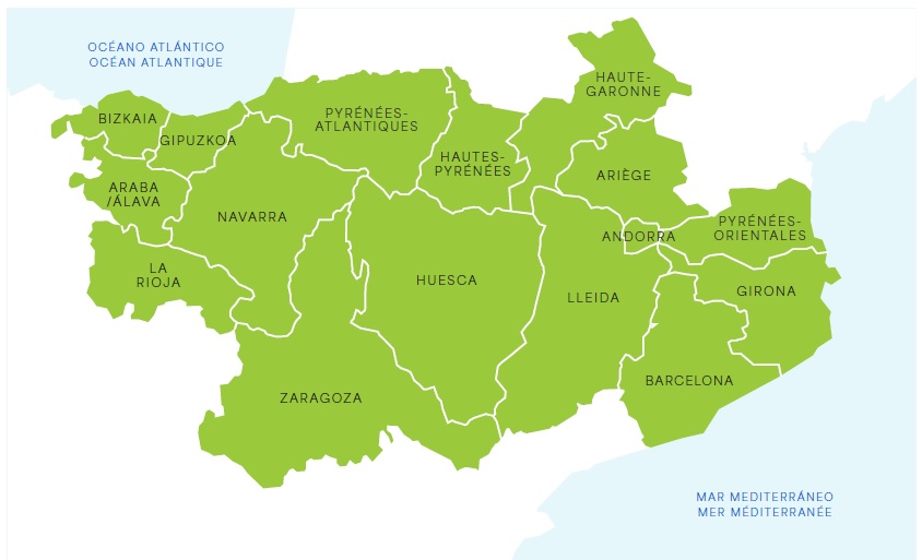 Carte montrant le territoire couvert par le Programme POCTEFA (Départements pyrénéens en France)